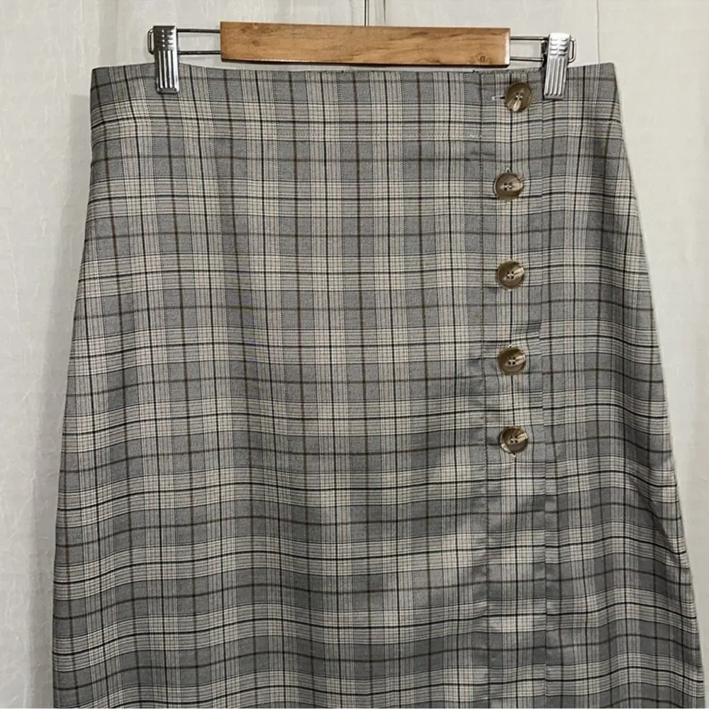 porridge x Anthropologie L Neutral Motif Button Side Plaid Midi Skirt - Picture 8 of 16